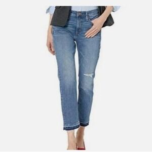 J.Crew Mercantile Slim Boyfriend Jeans Women's 37 Blue Distressed Raw Hem NWT